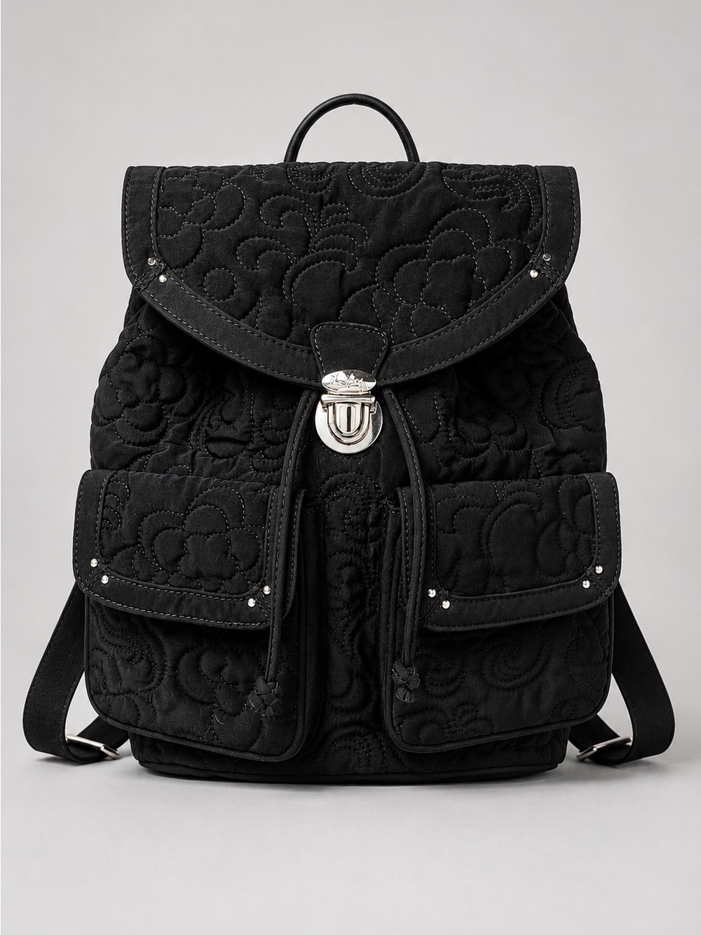 Vera Bradley Black Quilted Floral Drawstring Backpack with Flap